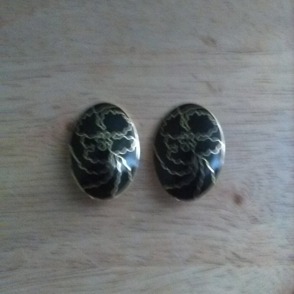 Vtg Black & Gold-Tone Cloisonne Clip-On Earrings FINAL PRICE